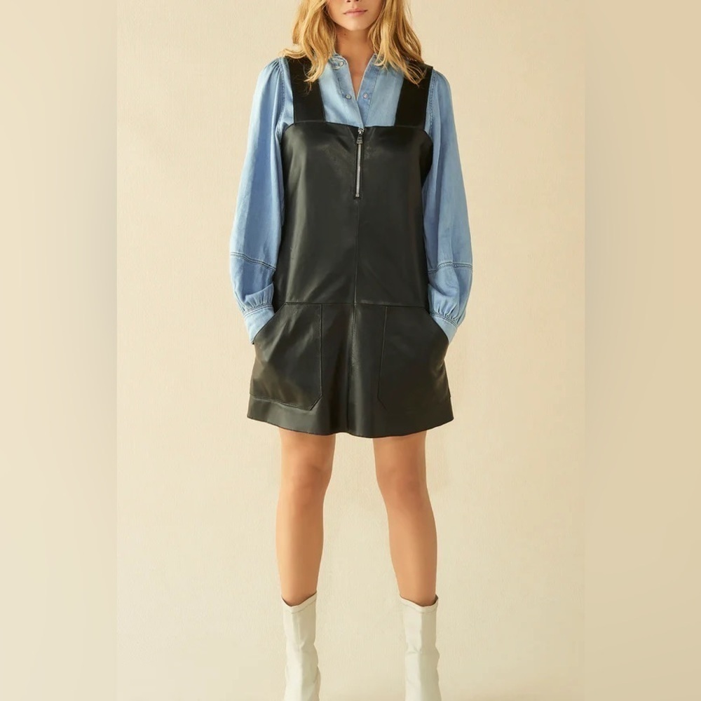 ba&sh Ludivine 100% Lambskin Leather Mini Dress Zip Jumper